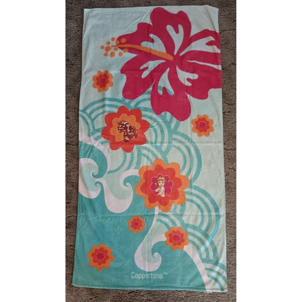 Coppertone Sunscreen Sun Tan Lotion Beach Towel Floral Hawaiian Look Hibiscus